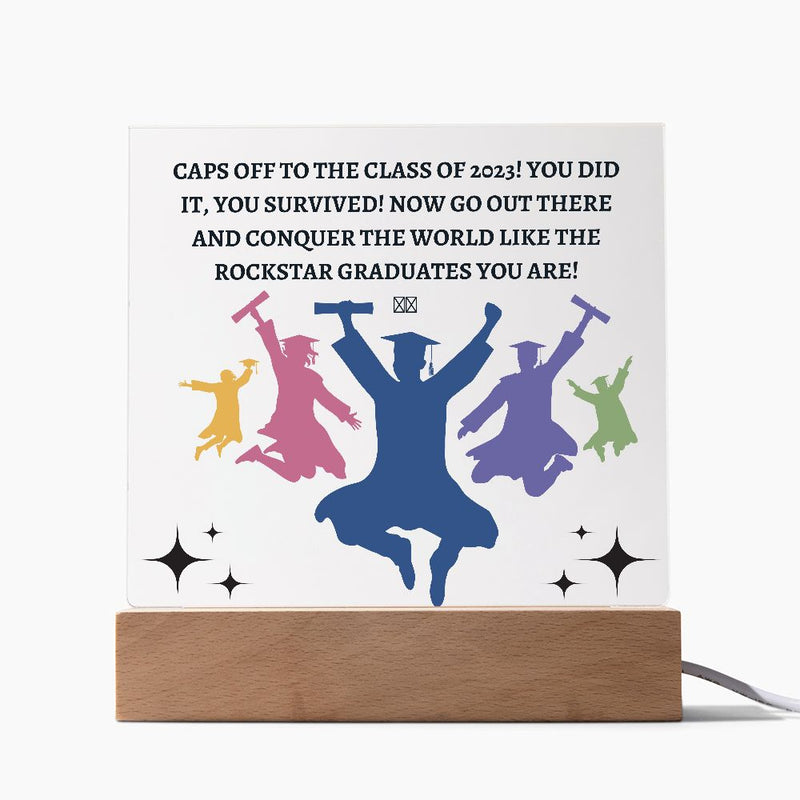 Celebrate with Our Caps Off Square Acrylic Plaque!